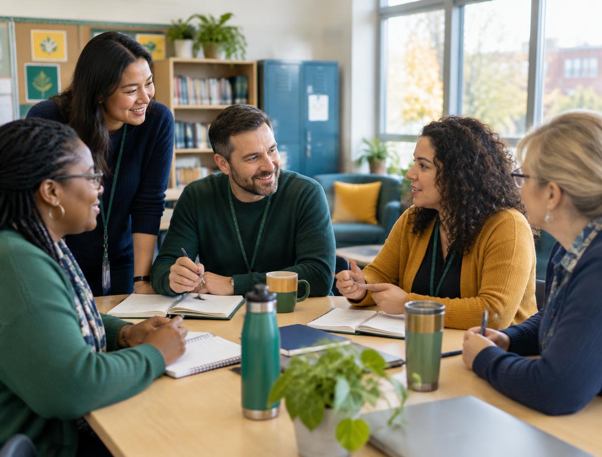 Membres du personnel scolaire travaillant ensemble